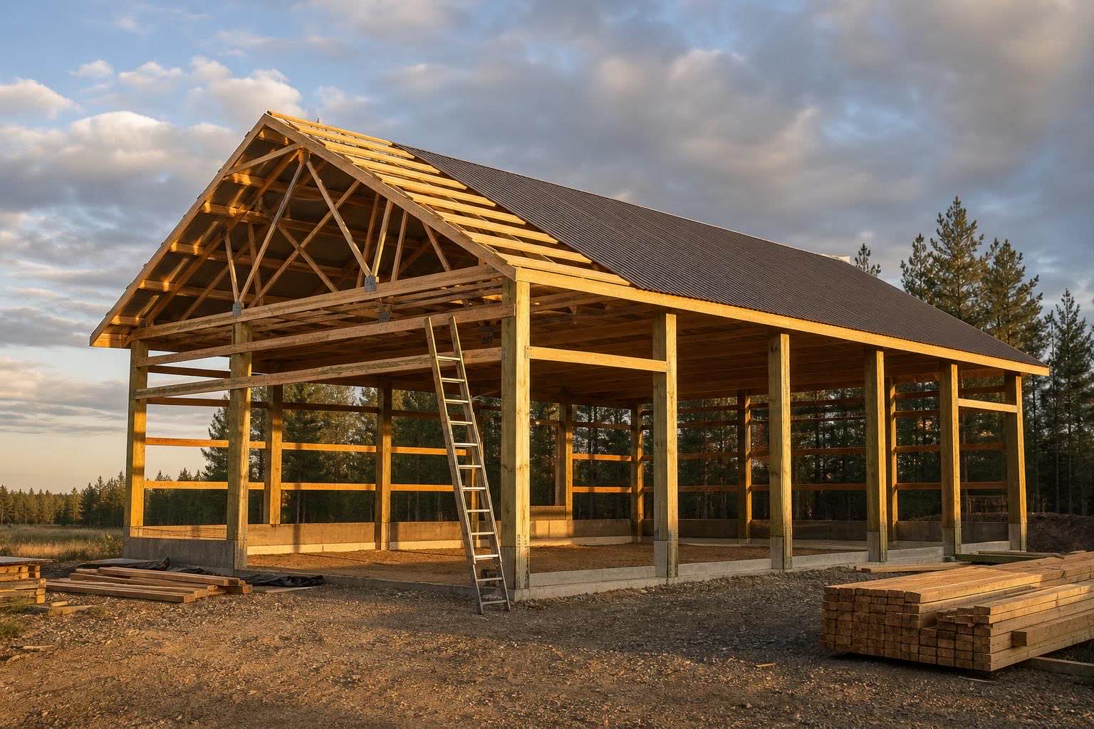 post-frame shop building under construction near Spokane, WA